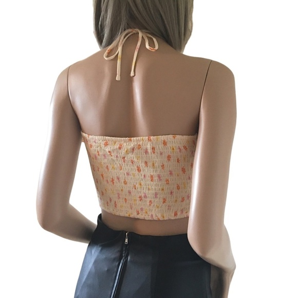 Elodie Yellow Shirred Smocked Floral Halter Top Blouse Tank Floral Rayon NWOT - Picture 7 of 13